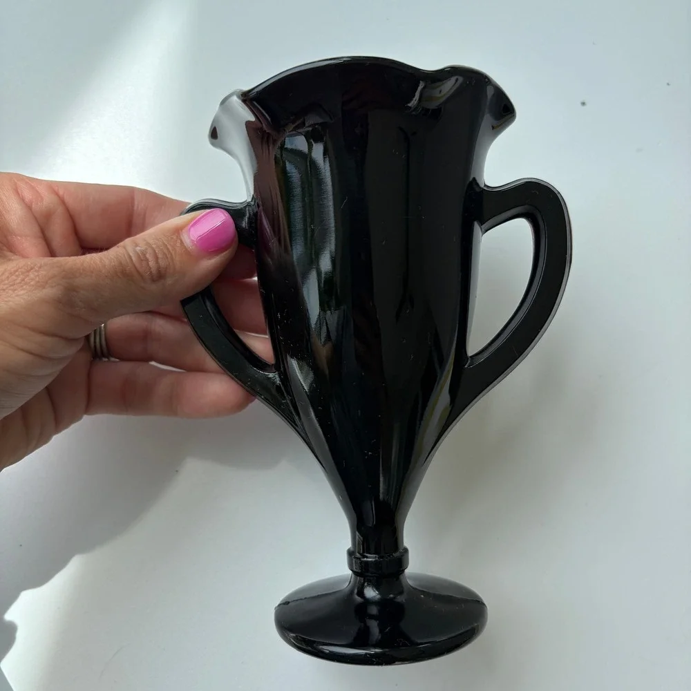 Vintage Black Amethyst Glass Trophy Vase Double Handled Ruffled Pedestal Urn 6in